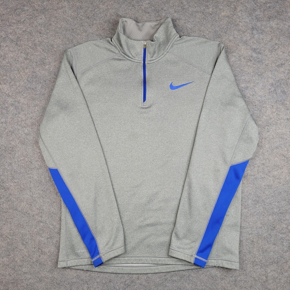 Nike Sweatshirt Mens Medium Gray Therma-Fit 1/4‎ Zip Fleece Pullover Blue Swoosh